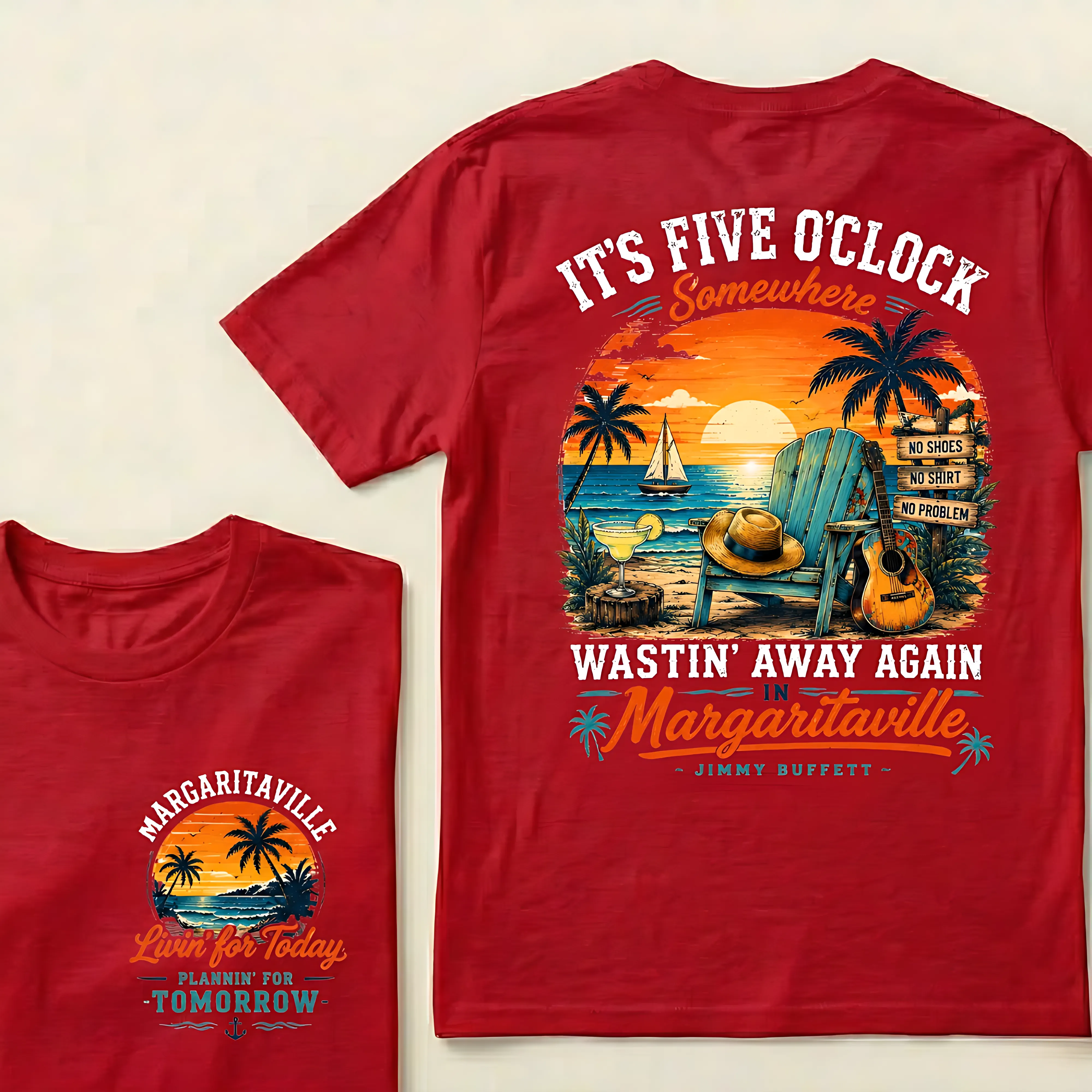 It's Five O'Clock Somewhere Wastin' Away Again In Margaritaville Parrot Guitar Sunset Beach No Shoes No Shirt No Problem Graphic T-Shirt