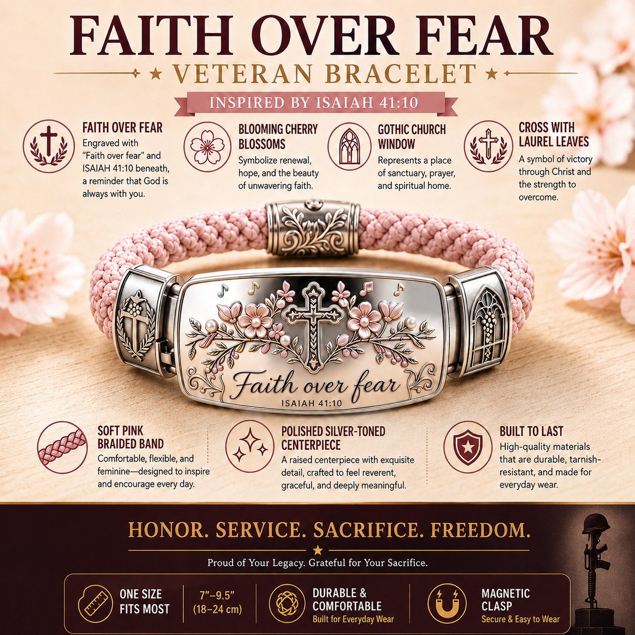 Faith Over Fear bracelet size and design details