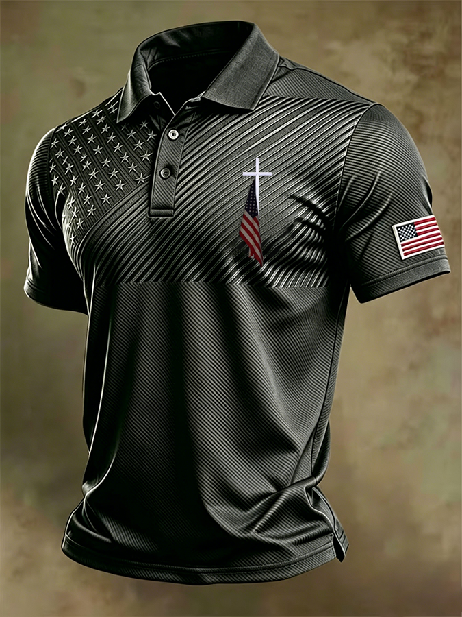Men'S Retro National Flag And Cross Print Casual Polo Shirt