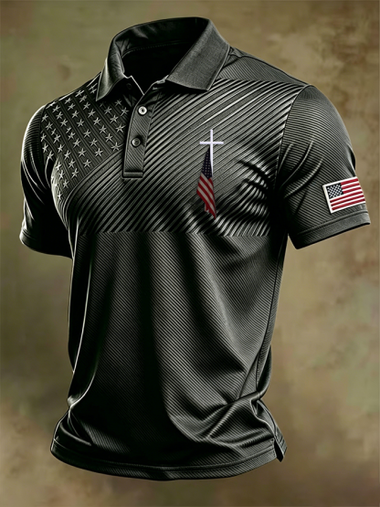 Men'S Retro National Flag And Cross  Print Casual Polo Shirt