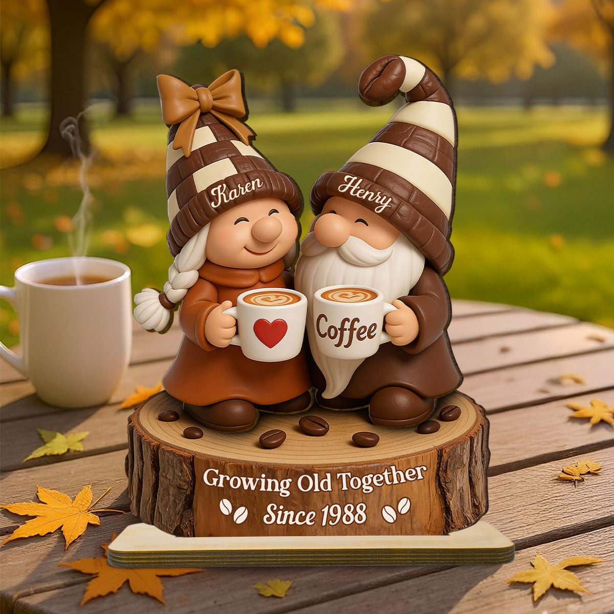 Coffee Gnome Couple - Personalized Standing Wooden Plaque - Gift for Couple