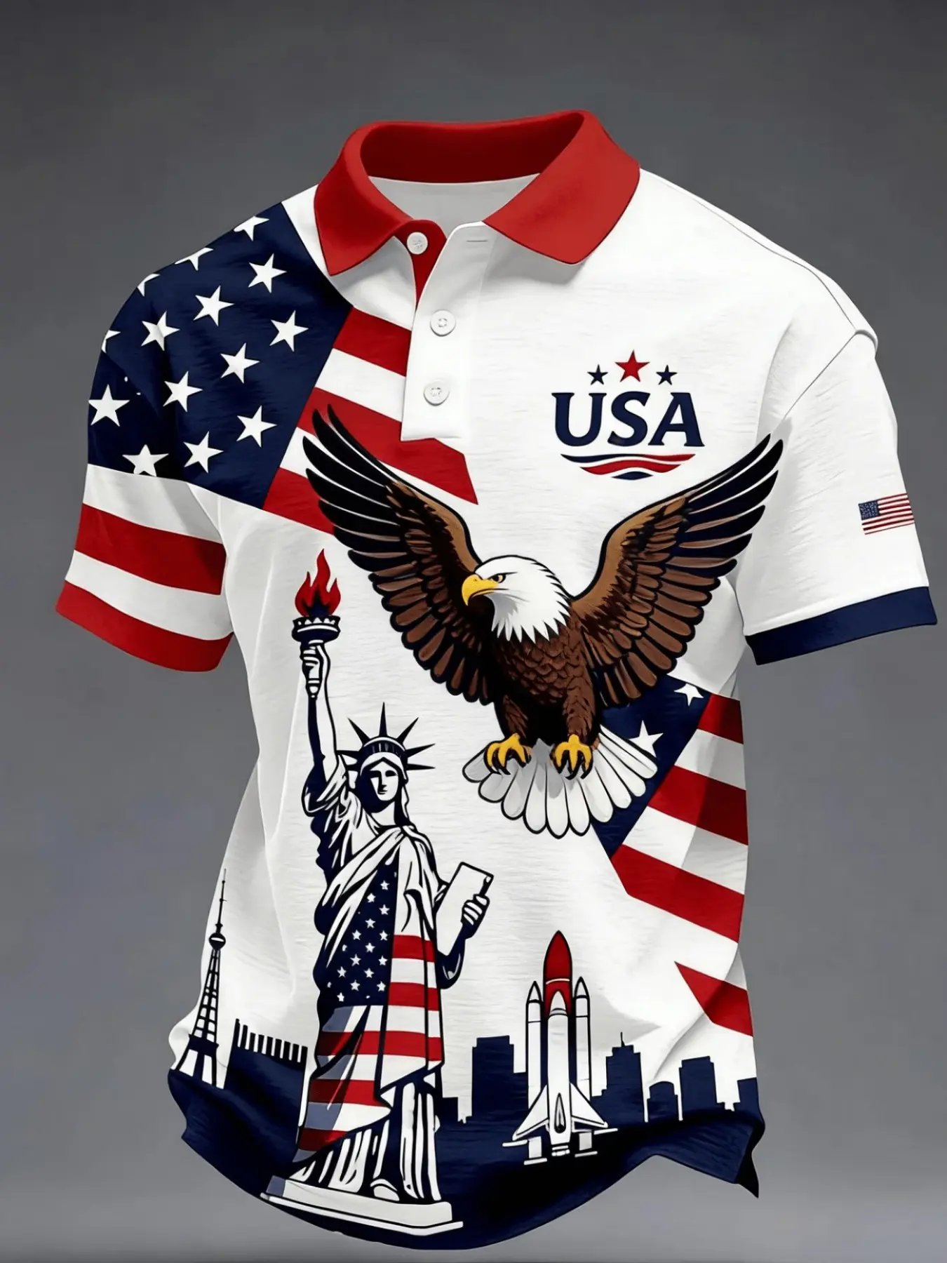 USA Flag Eagle Liberty Statue Print, Short Sleeve, Casual Patriotic Polo Shirt
