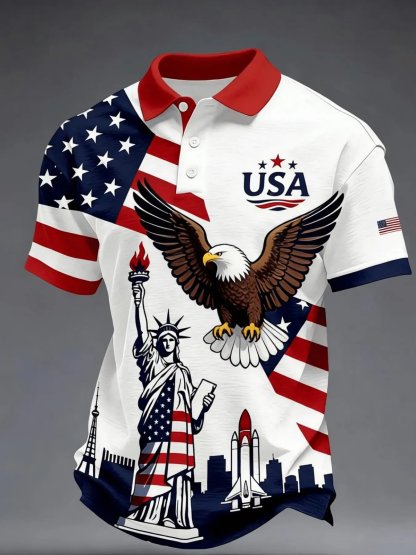 USA Flag Eagle Liberty Statue Print, Short Sleeve, Casual Patriotic Polo Shirt