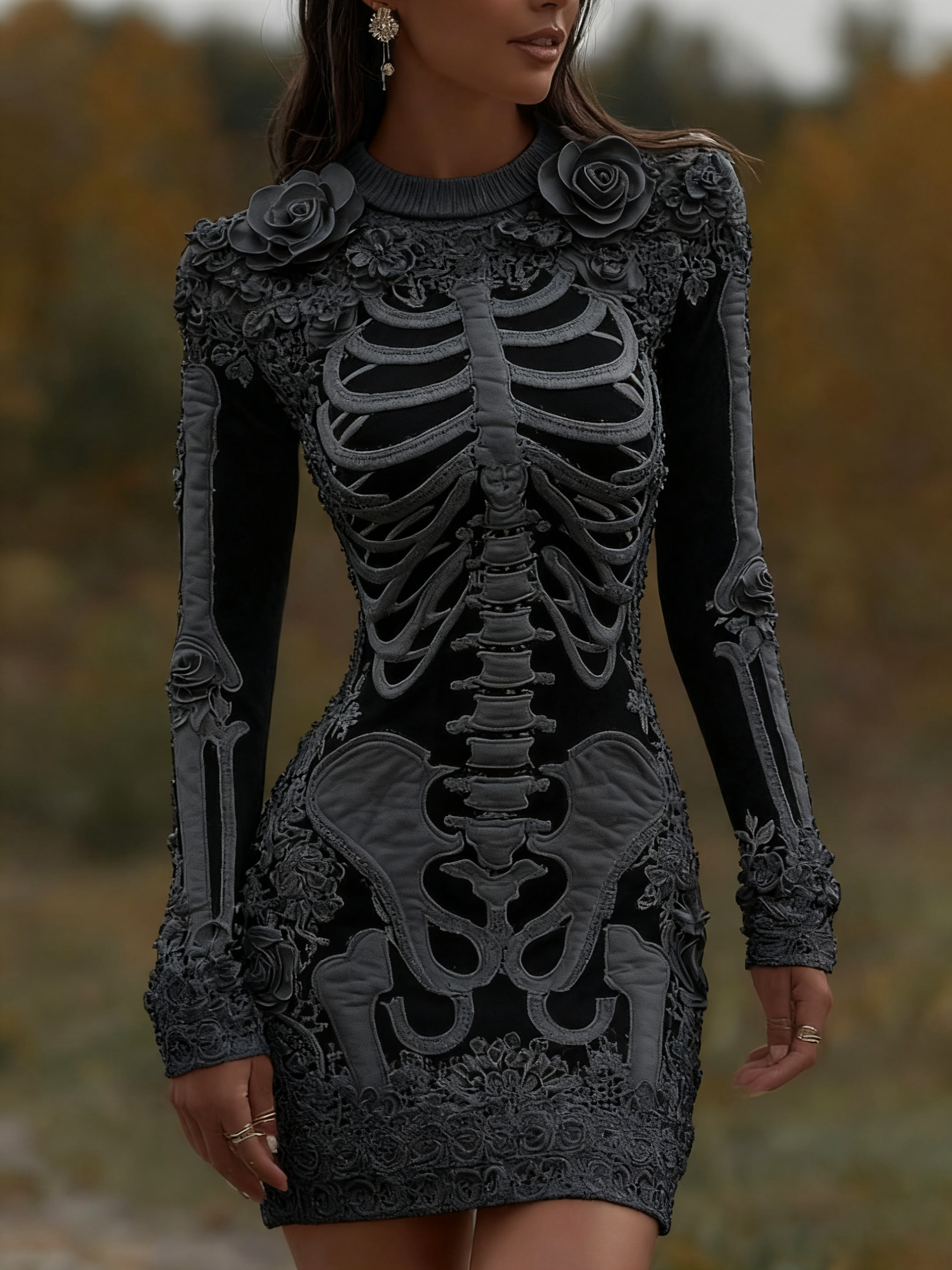 Women's Vintage Halloween Skeleton Bones With Rose Art Cozy Knit Mini Sweater Dress