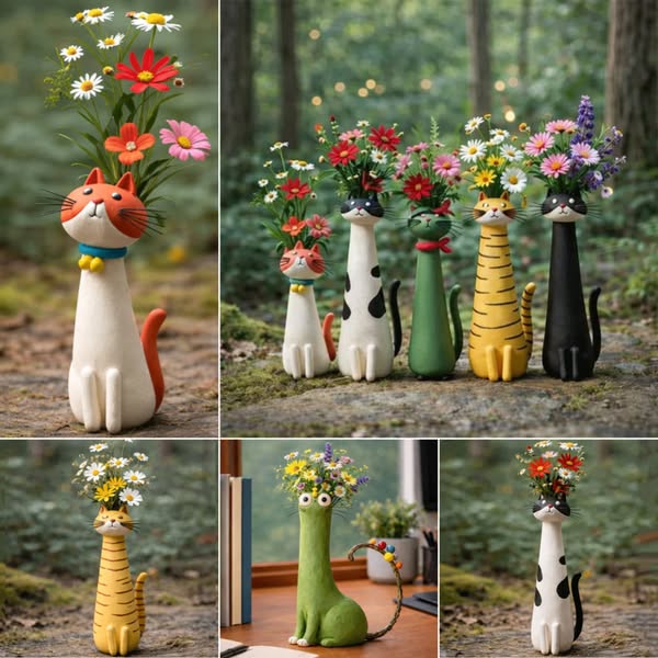 Handmade Clay Funny  Cat Vase