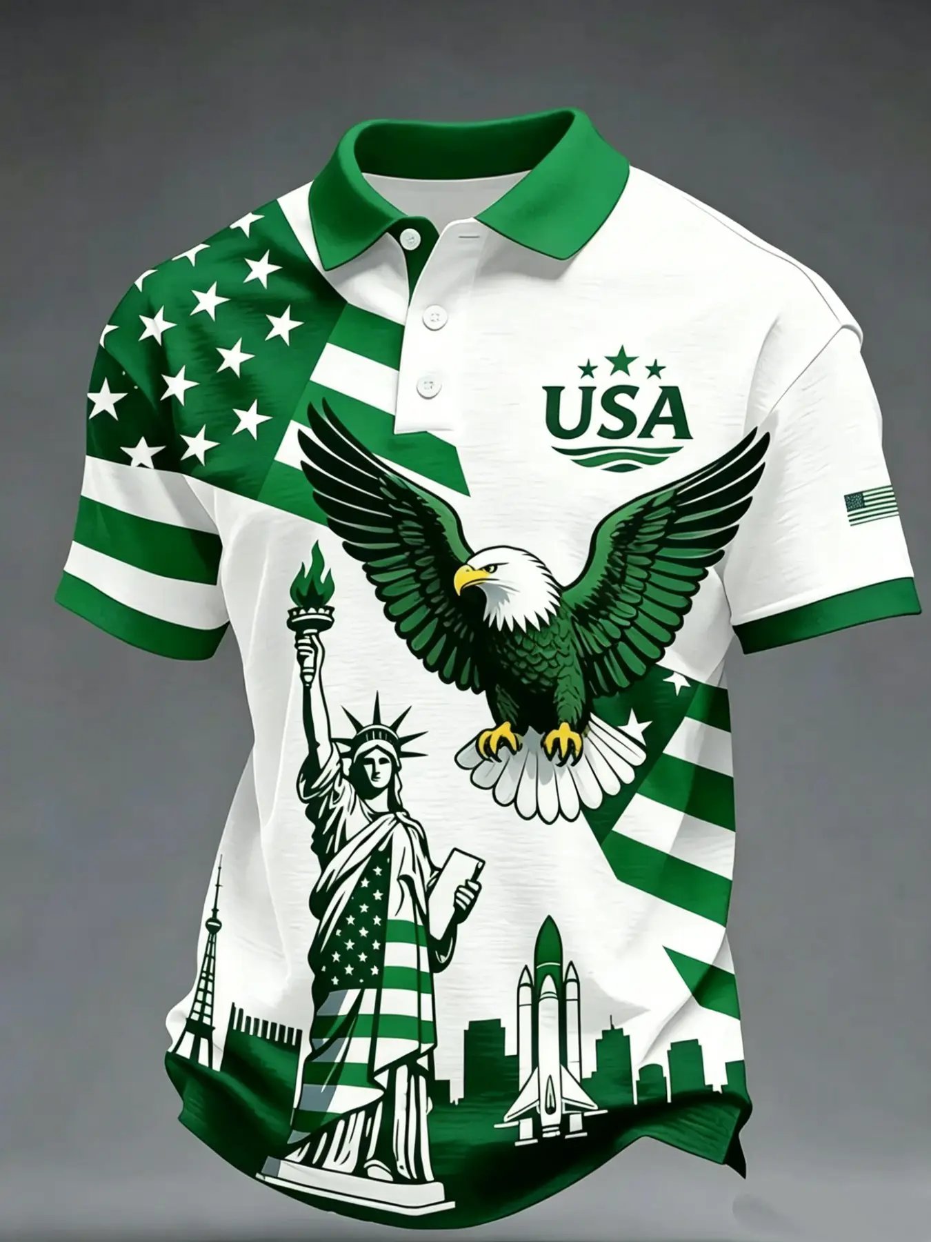 USA Flag Eagle Liberty Statue Print, Short Sleeve, Casual Patriotic Polo Shirt