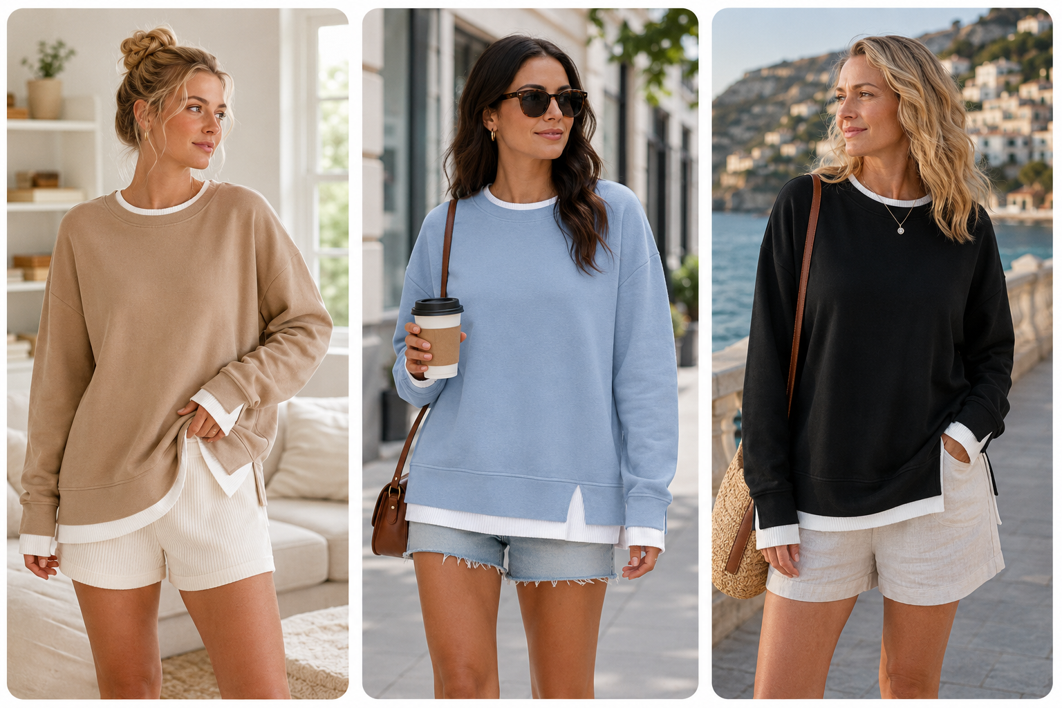 Layered sweatshirt styled for lounging, vacation and an evening out