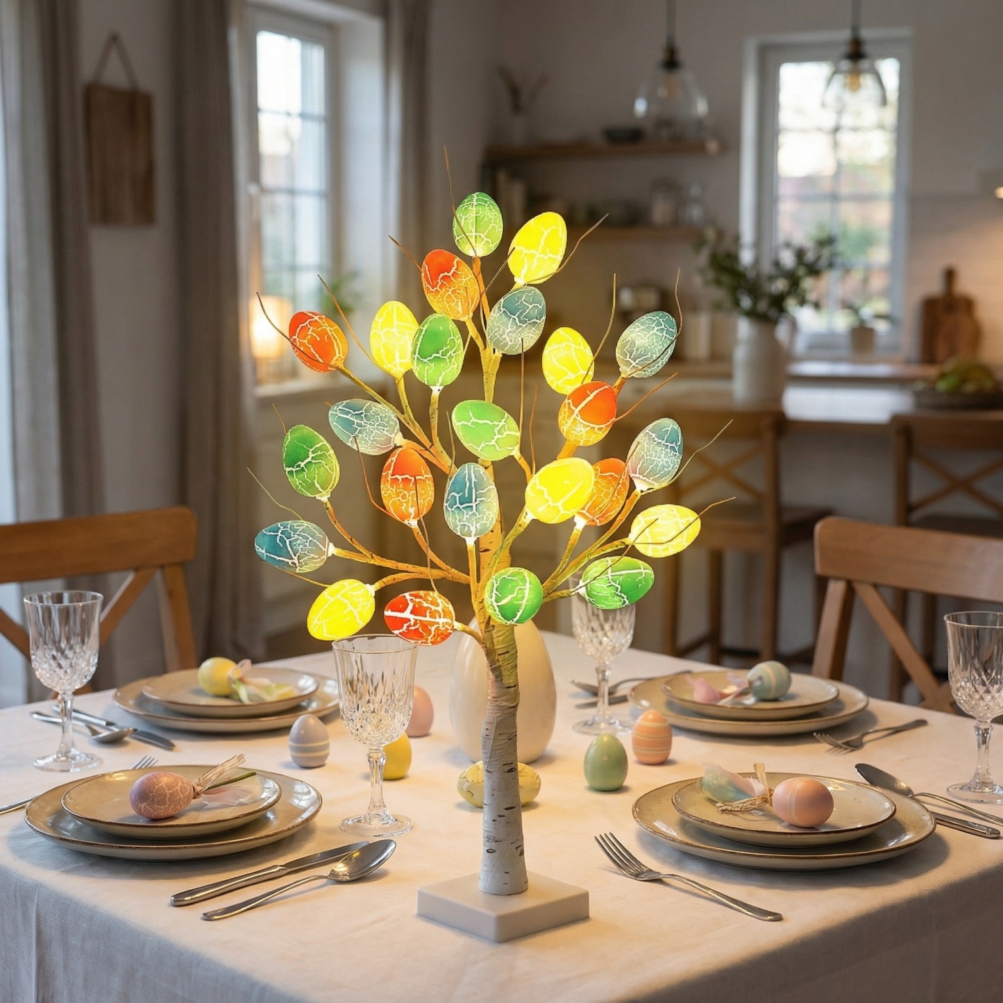 2FT Lighted Birch Egg Tree with 24 Colorful Eggs