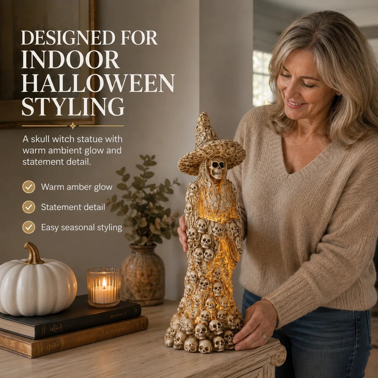 Glowing skull witch statue styled indoors