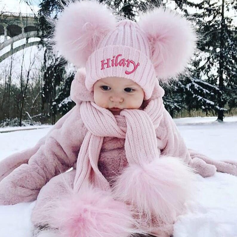 Personalized Embroidery Kid Pom Pom Hat and Scarf for Comfort & Unique | HSKid01