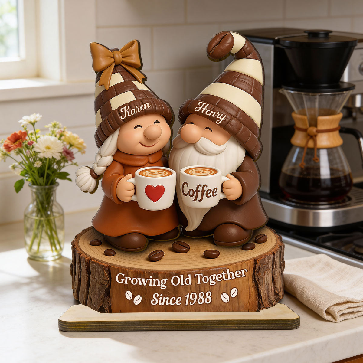 Coffee Gnome Couple - Personalized Standing Wooden Plaque - Gift for Couple