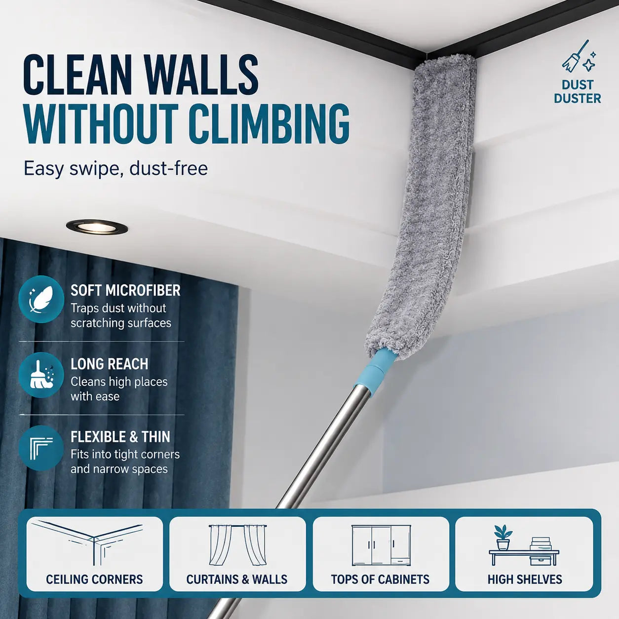 Long handle microfiber duster for high surfaces