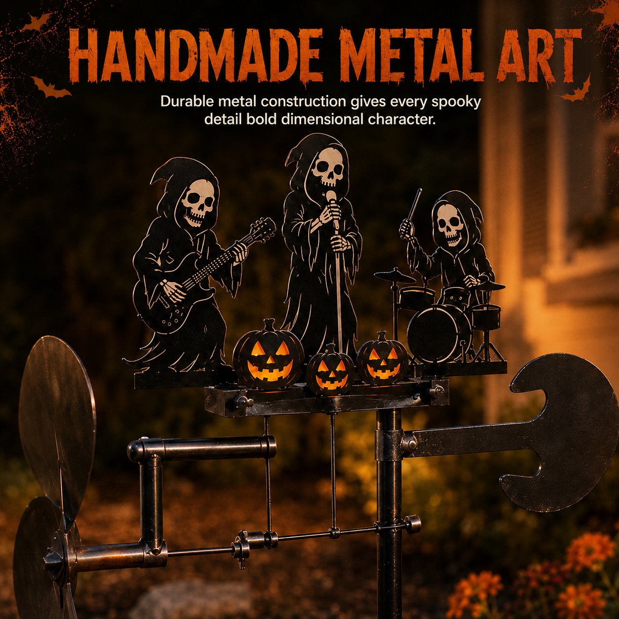 Metal construction of Halloween skeleton band wind spinner
