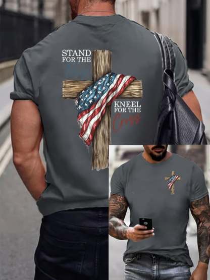 Men's Stand For The Flag Kneel For The Cross Printed Casual T-Shirt