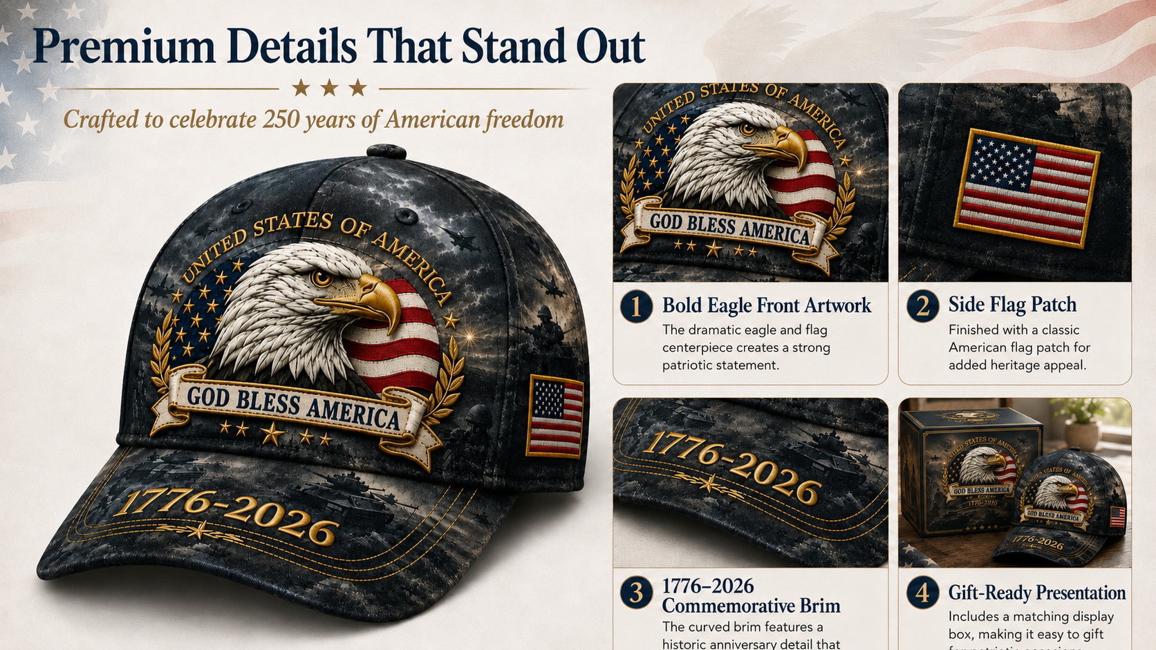 250 Years of Freedom eagle cap product display