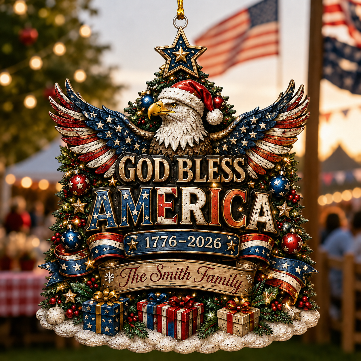 Ornament Patriotic Christmas Tree -  Custom Family Name The Best Gift for Christmas , USA 1776-2026