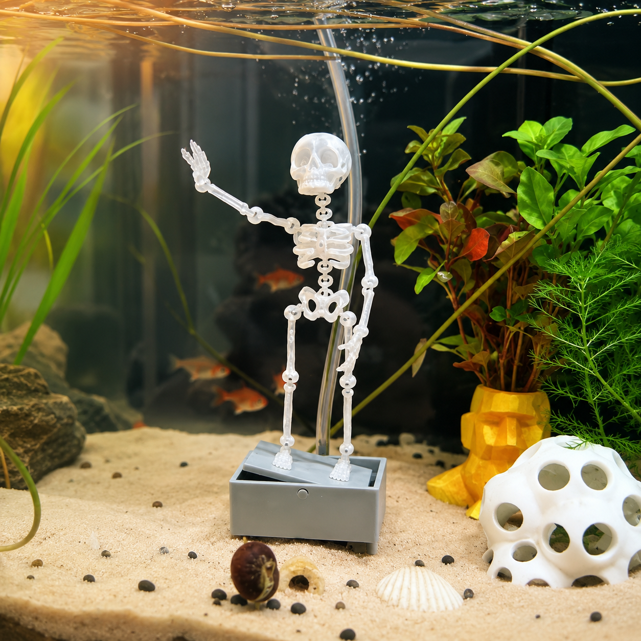 Dancing Skeleton Aquarium Decoration, Bubble-Activated Moving Fish Tank Ornament with Airflow Control Valve