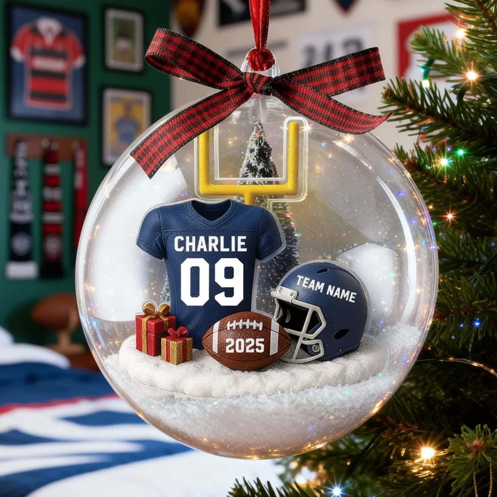 Snow Globe Ornament - Football Jersey, Helmet & Goal Post, Customizable, Christmas Tree Decor, A Unique Gift for Players & Fans