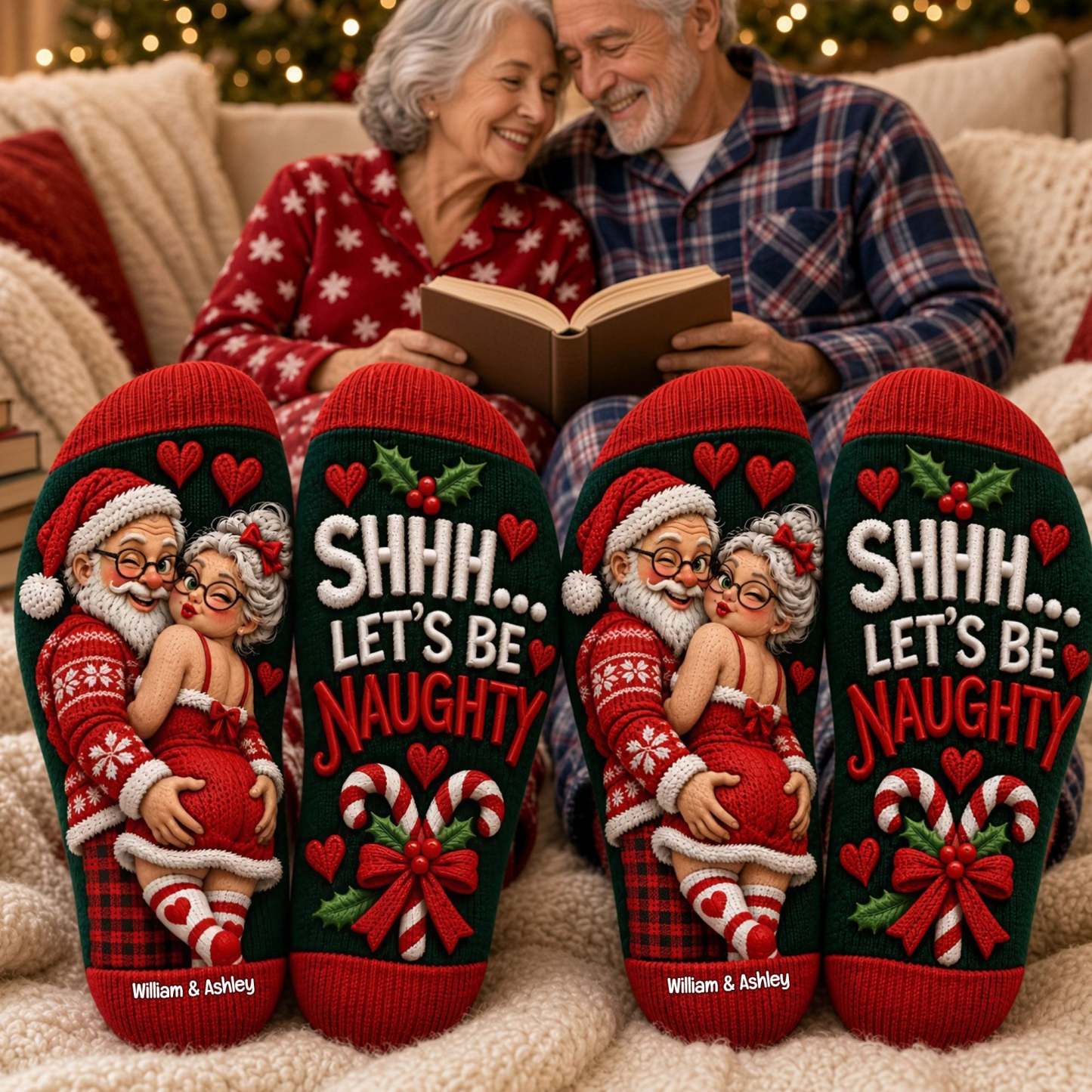 Old Naughty Santa Couples Middle Tube Socks - Personalized Christmas Gifts For Couples