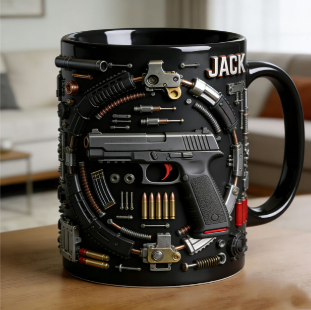 Personalized firearm disassembly diagram themed mug