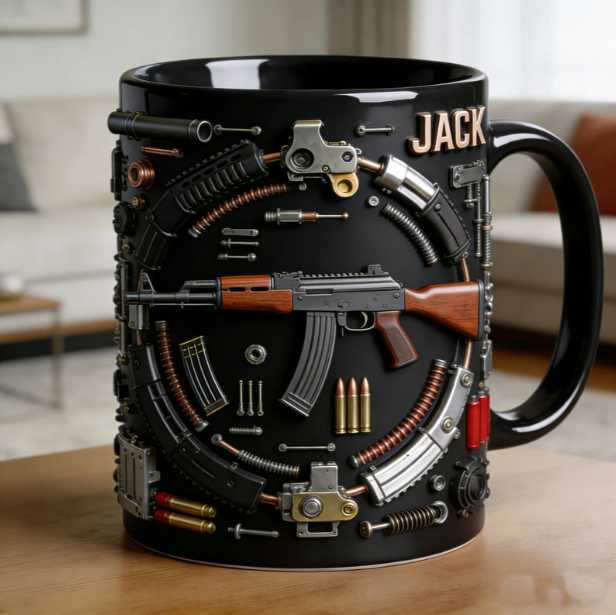 Personalized firearm disassembly diagram themed mug