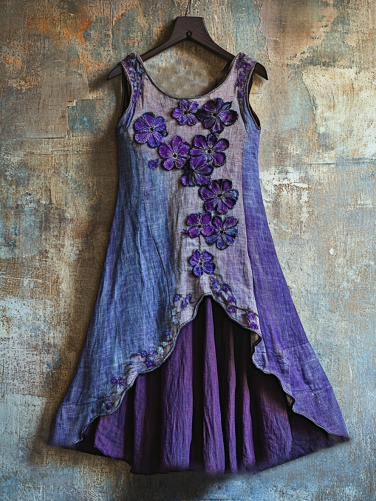 Women'sVintage Celtic Knot With Purple Floral Pattern Linen Tank Dress