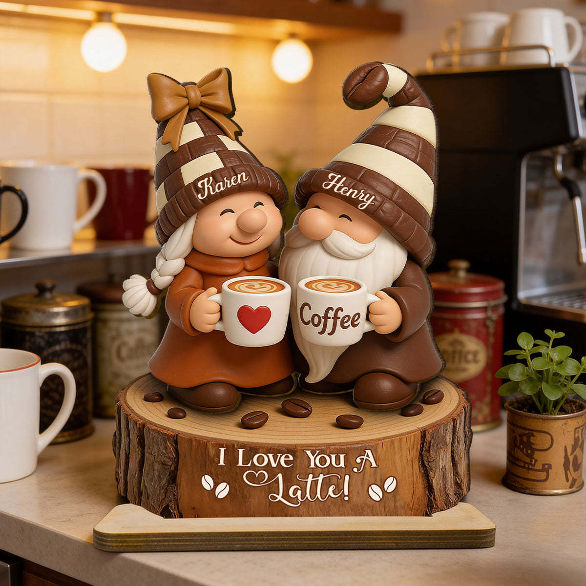 Coffee Gnome Couple - Personalized Standing Wooden Plaque - Gift for Couple