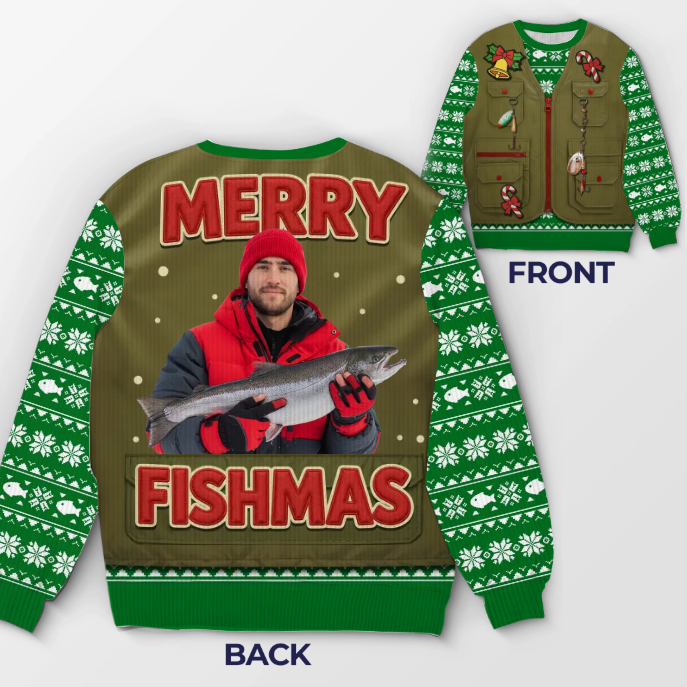 Custom Photo Unisex Ugly Sweatshirt - Personalized  Christmas Birthday Fishing Gifts For Fisherman - Santa’s Fishing Buddy Since Forever