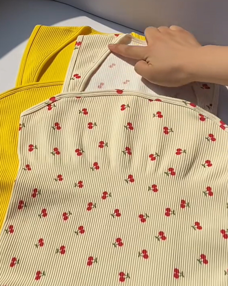 Ribbed Cherry Print Triangle Bodysuit