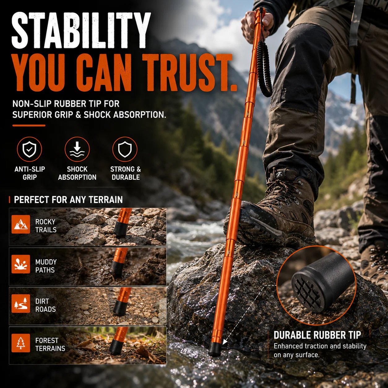 Compact hiking stick and carrying pouch for camping and travel