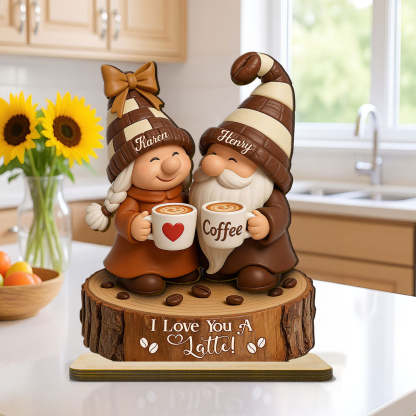 Coffee Gnome Couple - Personalized Standing Wooden Plaque - Gift for Couple