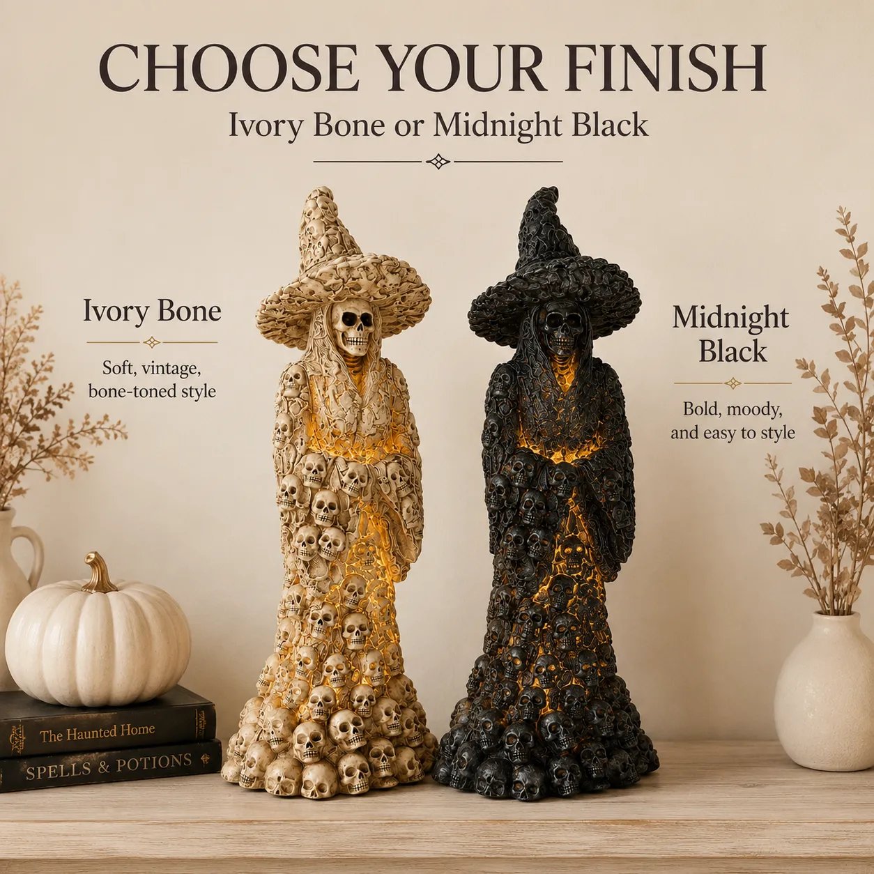 Midnight Black and Ivory Bone finish comparison