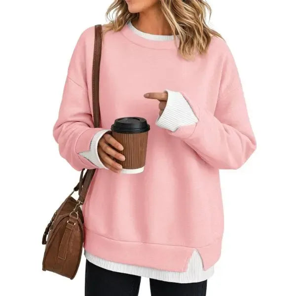Women Crew Neck Layered Look Striped Patchwork Drop Shoulder Oversized Sweatshirt