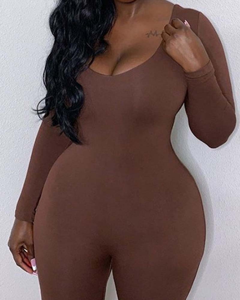 Low-Cut, Long-Sleeved Bodybuilding Jumpsuit