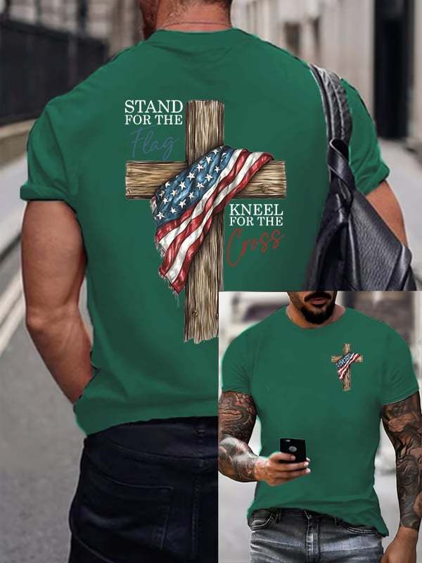 Men's Stand For The Flag Kneel For The Cross Printed Casual T-Shirt