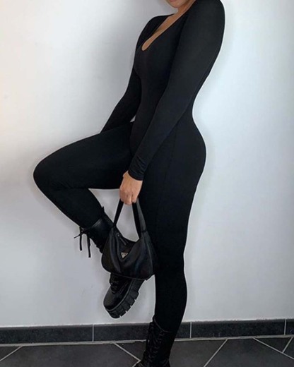 Low-Cut, Long-Sleeved Bodybuilding Jumpsuit