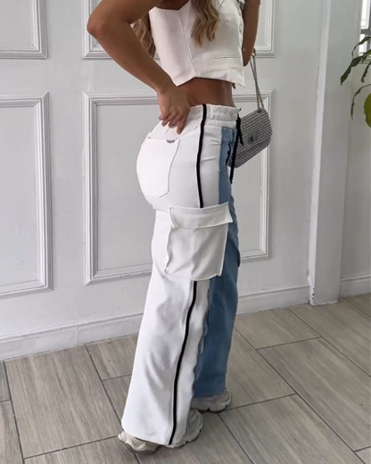 Patchwork Cargo Jeans With Lace-Up