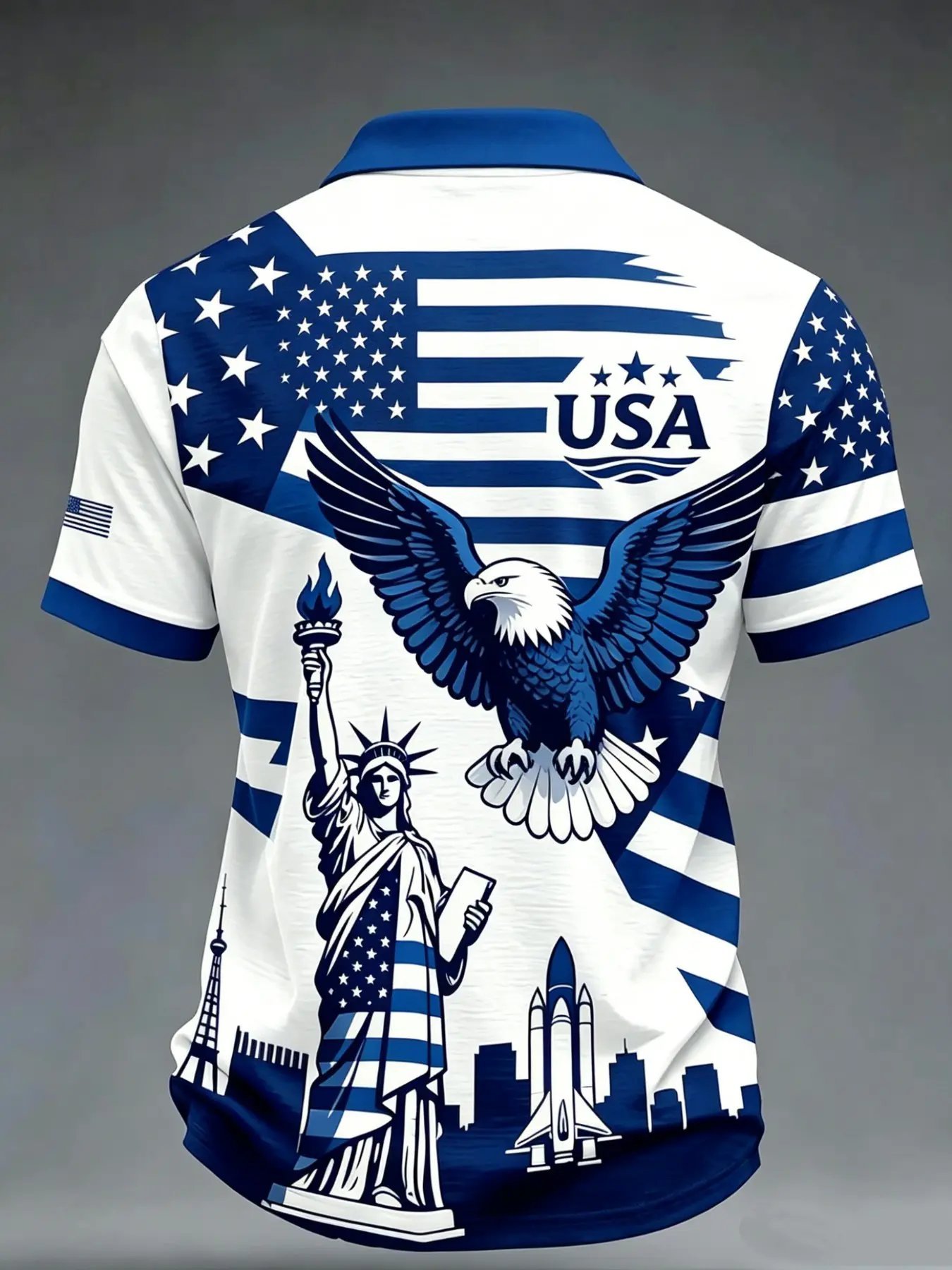 USA Flag Eagle Liberty Statue Print, Short Sleeve, Casual Patriotic Polo Shirt