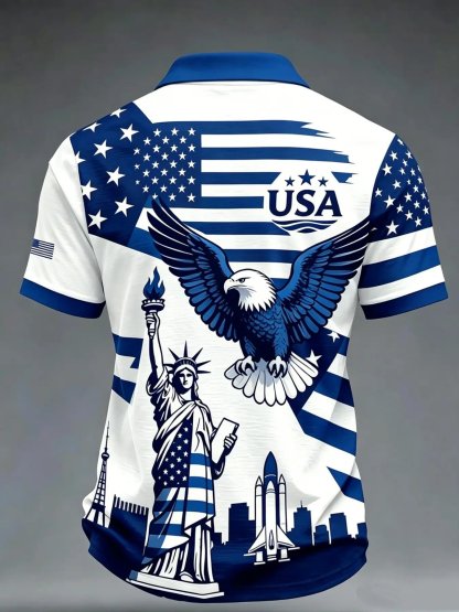 USA Flag Eagle Liberty Statue Print, Short Sleeve, Casual Patriotic Polo Shirt