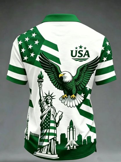 USA Flag Eagle Liberty Statue Print, Short Sleeve, Casual Patriotic Polo Shirt