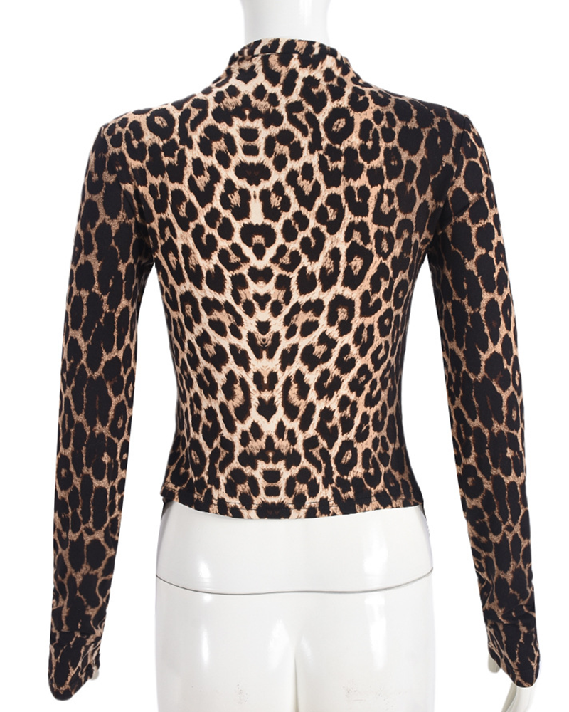 Hot Girl Leopard Print Women's Clothing Drawstring Navel-Exposed Tight Long Sleeve Tops T-shirt Wome