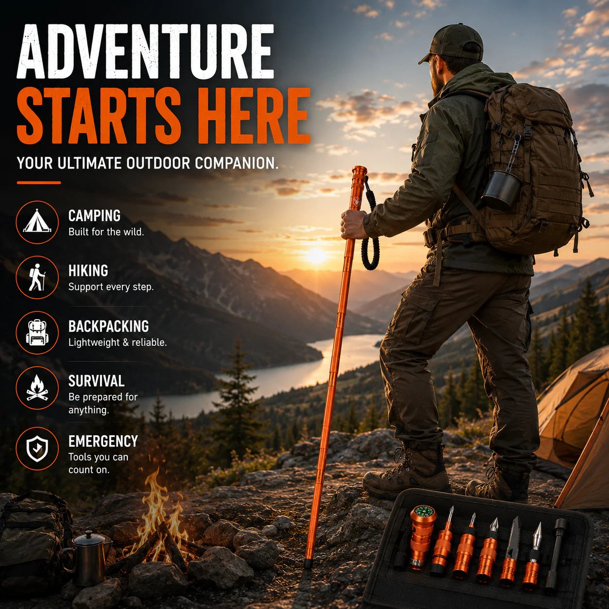🚨 LAST DAY 53% OFF | Survival Hiking Stick – Adjustable Trekking Pole with Built-In Outdoor Survival Tools