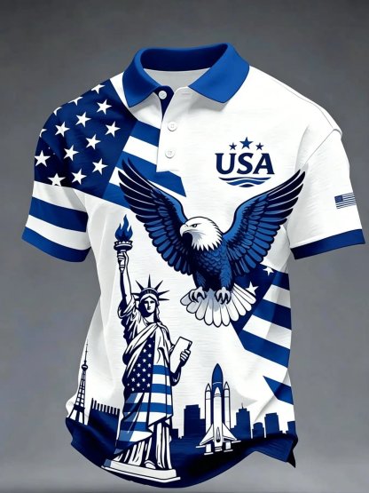 USA Flag Eagle Liberty Statue Print, Short Sleeve, Casual Patriotic Polo Shirt