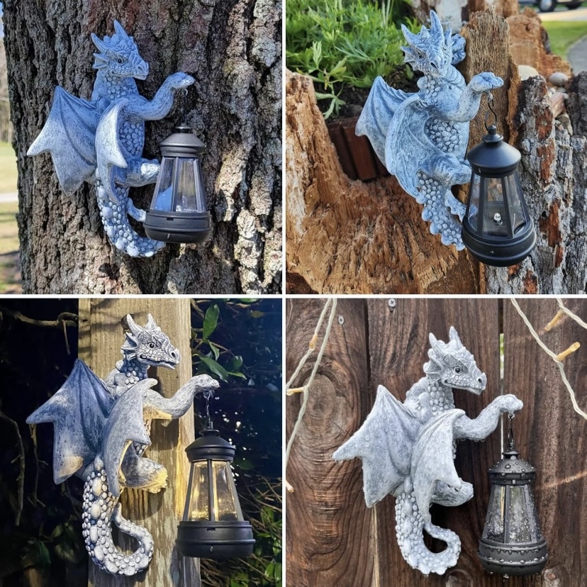 Garden Decor Dragon Hugging Tree Garden Statue with Solar Lantern