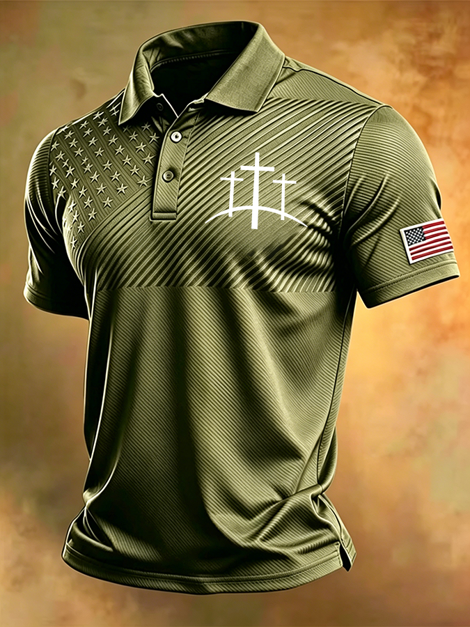 Men'S Retro National Flag And Cross Print Print Casual Polo Shirt