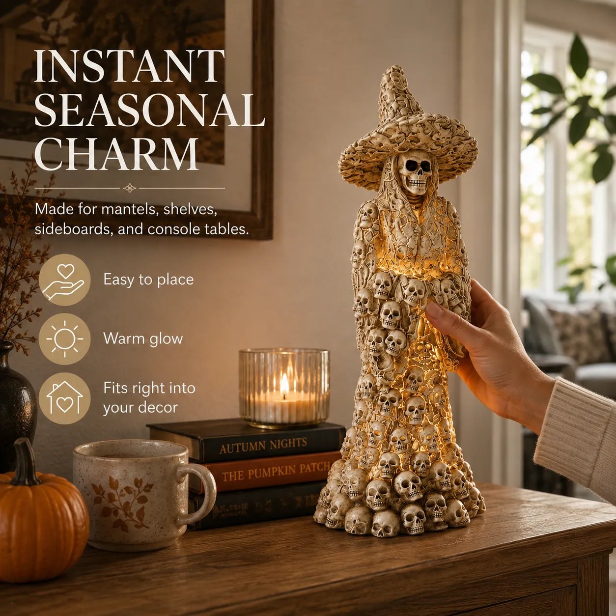 Skull witch lantern statue with fall decorations