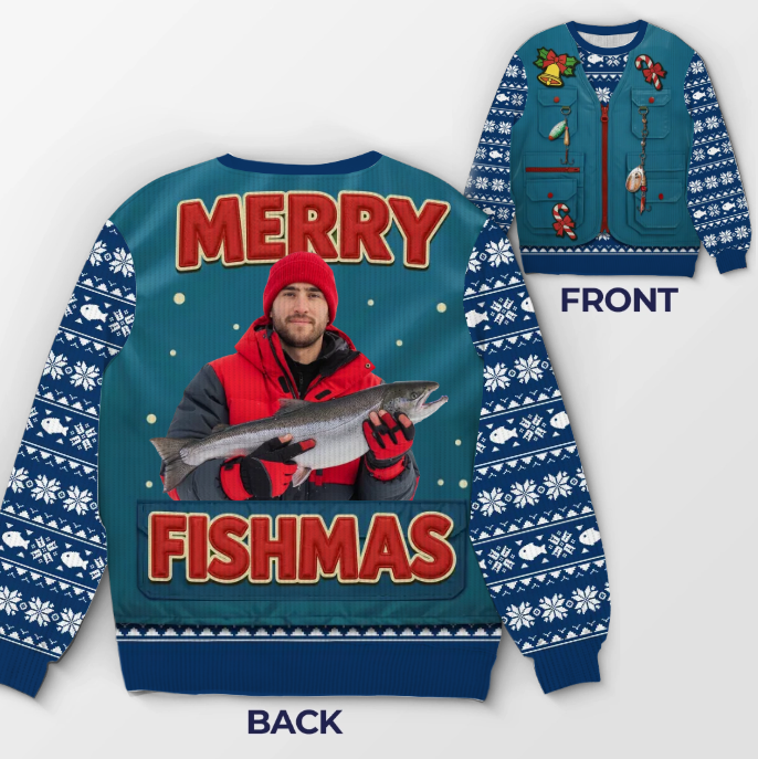 Custom Photo Unisex Ugly Sweatshirt - Personalized  Christmas Birthday Fishing Gifts For Fisherman - Santa’s Fishing Buddy Since Forever