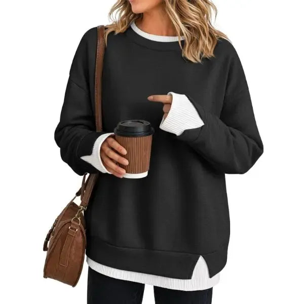 Women Crew Neck Layered Look Striped Patchwork Drop Shoulder Oversized Sweatshirt