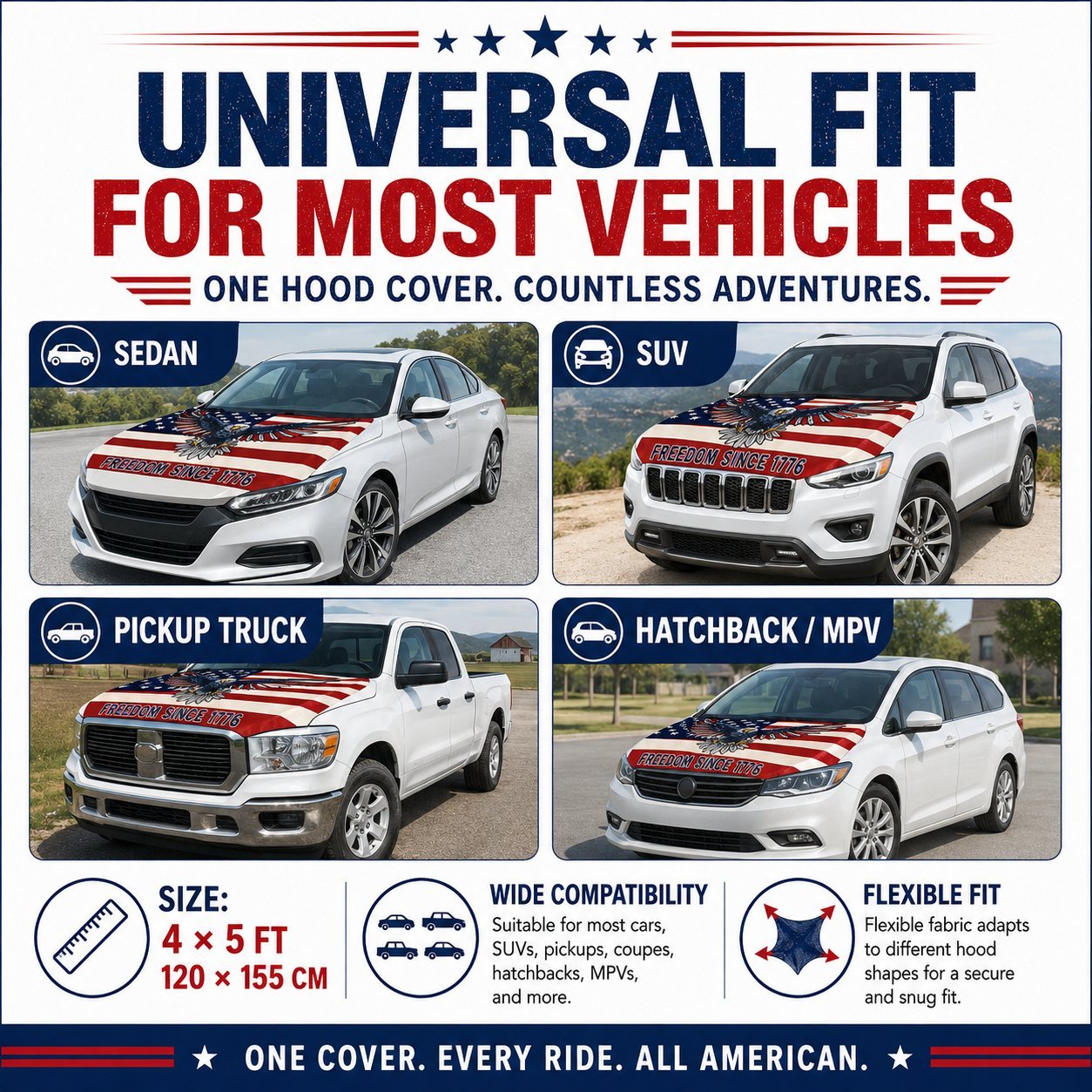 🇺🇸 Universal American Hood Flag Cover 🔥 Fits Most Cars, SUVs & Pickups🦅