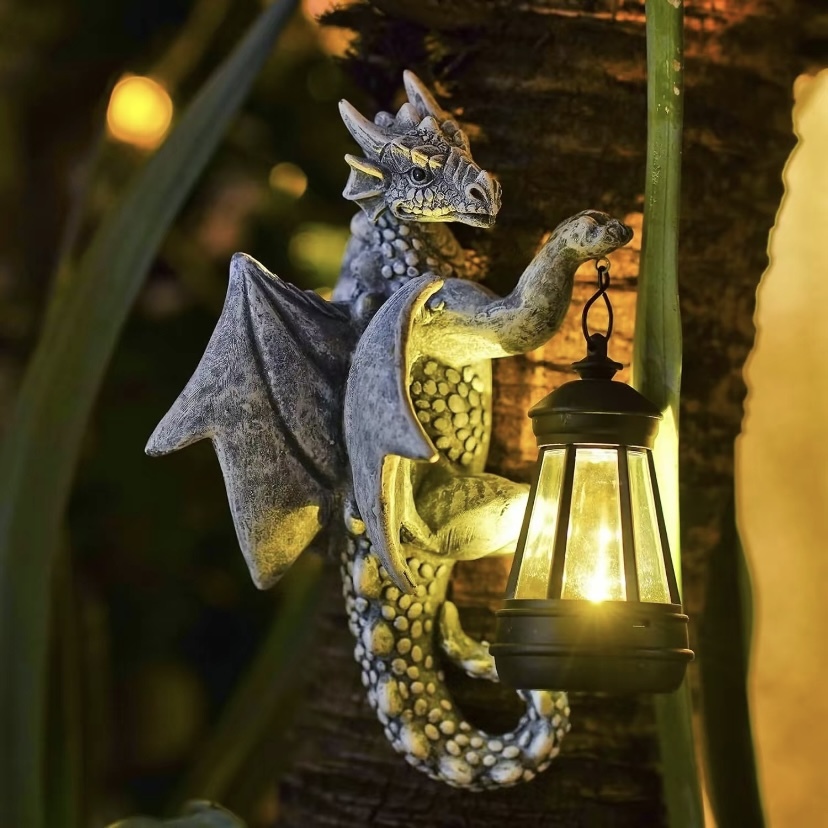 Garden Decor Dragon Hugging Tree Garden Statue with Solar Lantern